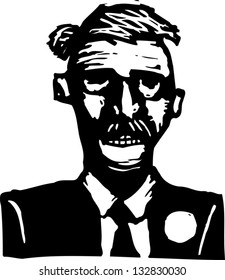 Black and white vector illustration of a funny man with a wig