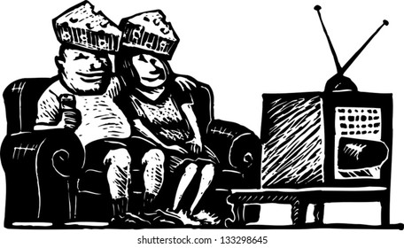 Black and white vector illustration of funny couple watching TV