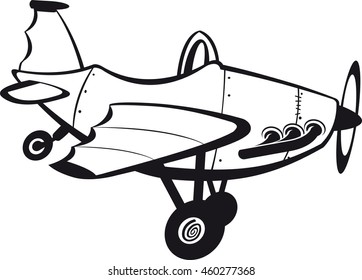 black & white vector illustration of a funny airplane