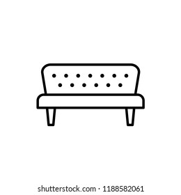 Black & white vector illustration of futon. Classic sofa. Line icon of settee. Modern home & office furniture. Isolated object on white background