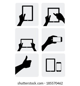 black and white vector illustration of gadgets with hands on white background