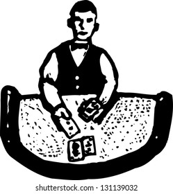 Black and white vector illustration of gambling casino card dealer
