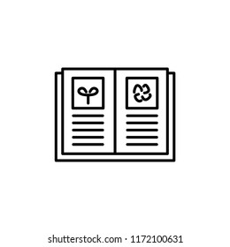 Black & white vector illustration of garden book with illustrations and text. Line icon of manual or handbook for gardeners & flower lovers. Isolated object on white background.