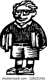Black and white vector illustration of a geek student