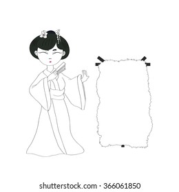 Black and white vector illustration of a Geisha with a paper banner.  Illustration isolated on white background.