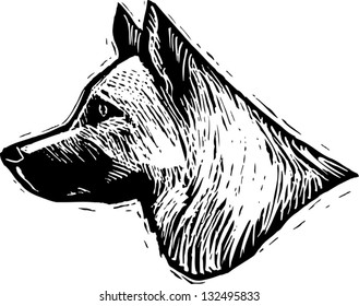 Black and white vector illustration of German shepherd dog