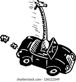 Black and white vector illustration of a giraffe driving a car