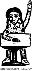 Black and white vector illustration of a girl in school raising hand