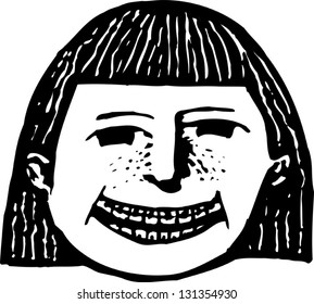 Black and white vector illustration of a girl with braces