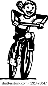 Black and white vector illustration of a girl riding a bicycle