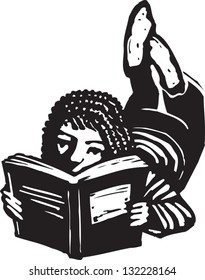 Black and white vector illustration of girl reading a book