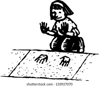 Black and white vector illustration of girl putting hand prints in wet cement