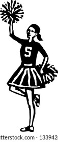 Black and white vector illustration of girl cheerleader