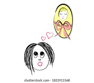 Black and white vector illustration. A girl with a schematic representation of her thoughts. Dreams about little baby. A quick sketch of a woman's face and her newborn baby girl