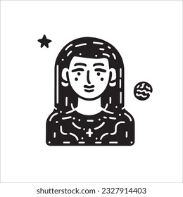 Black and white vector illustration of a girl in doodle style. Hand drawn minimalistic illustration. Star and planet side by side of girl symbolizing astrology and stargazing.