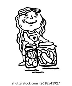 Black and white vector illustration of a girl with canned cucumbers and tomatoes on a white isolated background