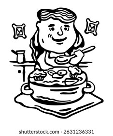 
Black and white vector illustration of a girl tasting cooked soup and kitchen on a white isolated background
