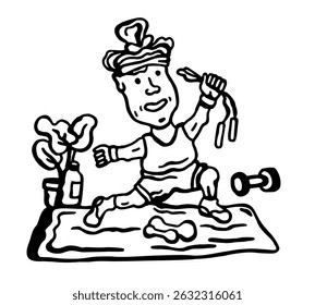 
Black and white vector illustration of a girl doing sports with a skipping rope, mat and dumbbells on a white isolated background,yoga