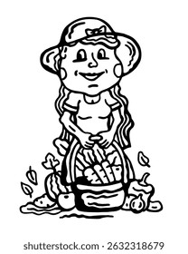 Black and white vector illustration of a girl, in a dress and hat, with a basket of fresh vegetables and fruits on a white isolated background