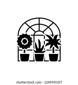Black & white vector illustration of glass conservatory with decorative home plants in containers. Flat icon of indoor sunroom with potted houseplants. Isolated object on white background