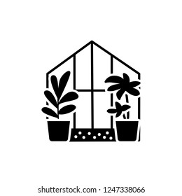 Black & white vector illustration of glass conservatory with decorative home plants in containers. Flat icon of indoor sunroom with  potted houseplants. Isolated object on white background