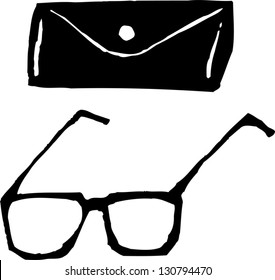 Black and white vector illustration of glasses and cane