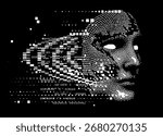 Black and white vector illustration in glitch art and ASCII art style, featuring a human face dissolving into pixelated squares and digital code fragments. Theme: technology, AI, digital error.