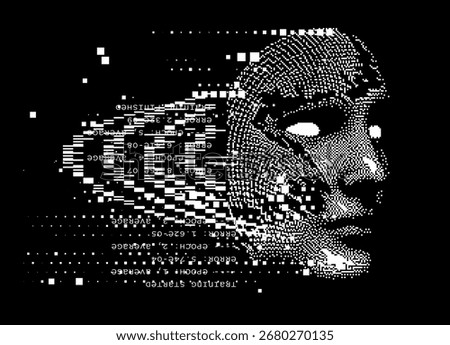 Black and white vector illustration in glitch art and ASCII art style, featuring a human face dissolving into pixelated squares and digital code fragments. Theme: technology, AI, digital error.