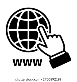 Black and white vector illustration of a globe icon with a hand cursor pointing to it. The letters WWW are below the globe, symbolizing internet access and website navigation.