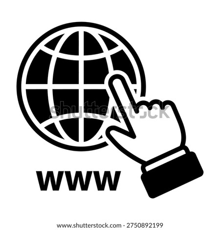 Black and white vector illustration of a globe icon with a hand cursor pointing to it. The letters WWW are below the globe, symbolizing internet access and website navigation.