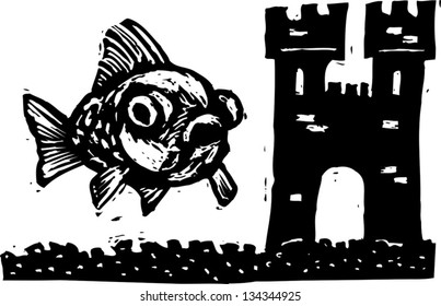 Black and white vector illustration of a gold fish and castle in an aquarium