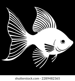 Black and white vector illustration of a goldfish on a black background.