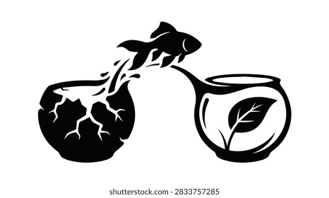 Black and white vector illustration of a goldfish jumping from a cracked broken fishbowl into a fresh new bowl with a green plant leaf