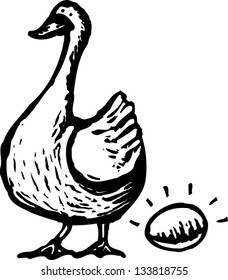 Black And White Vector Illustration Of Goose And Golden Egg