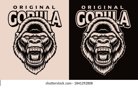 A black and white vector illustration of a gorilla head, this design can be used as a shirt print or as a logotype