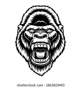 A black and white vector illustration of a gorilla head, isolated on white background.