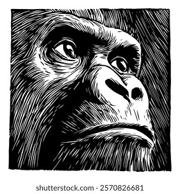 black and white vector illustration of a gorilla portrait with detailed texture and intense expression, perfect for wildlife, nature, and artistic-themed designs