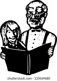 Black and white vector illustration of grandfather reading to his granddaughter