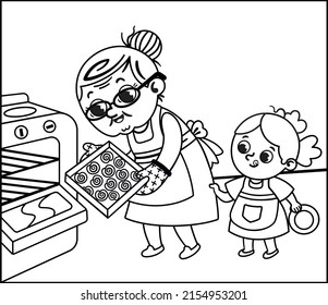 Black And White Vector Illustration Of Grandmother And Granddaughter Baking Cookies In The Kitchen.