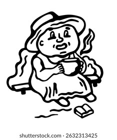 Black and white vector illustration of a grandmother in a hat resting on a bench with a cup of tea and a book on a white isolated background