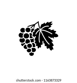 Black & white vector illustration of grape fruit with leaf. Flat icon of bunch of grapes. Vegan & vegetarian food. Health eating ingredient. Isolated object on white background. 