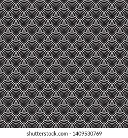 Black and white vector illustration with graphic shell ornament. Seamless texture
