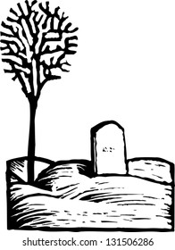 Black and white vector illustration of a gravestone in winter