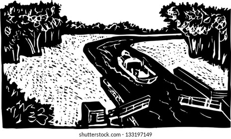 Black and white vector illustration of Great Lakes Canal