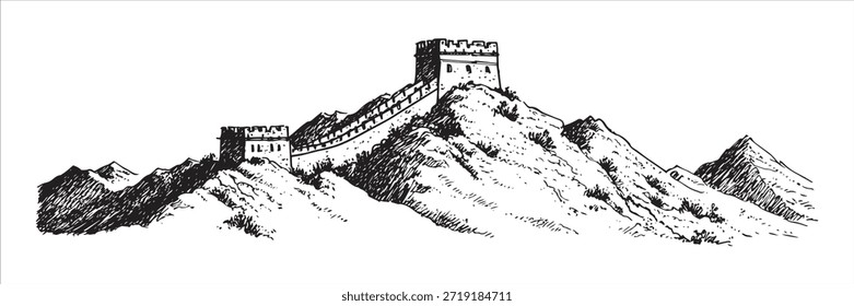 Ilustração vetorial em preto e branco da Grande Muralha da China que se estende sobre colinas de montanha