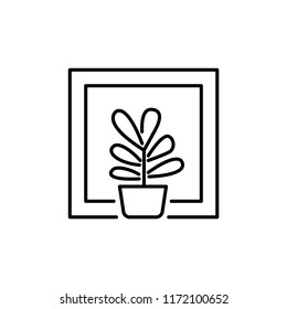 Black & white vector illustration of green foliage houseplant in pot. Line icon of decorative home plant in container on the window. Isolated object on white background.