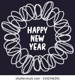 Black and white vector illustration. Greeting card with lettering "Happy New Year" on black background.