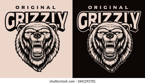 A black and white vector illustration of a grizzly head. This design can be used as a shirt print as well as a logotype.