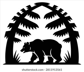 Black and white vector illustration of a grizzly bear walking through a forest of pine trees