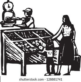 Black and white vector illustration of grocery stand